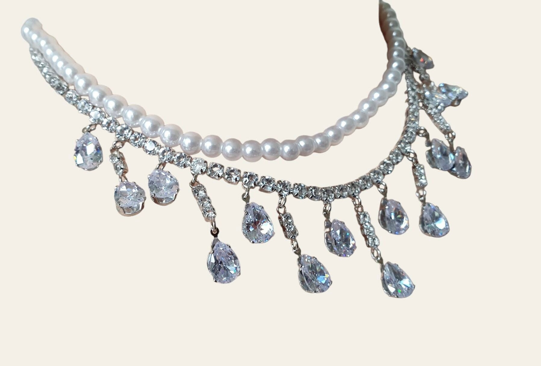 Silver Pearl Double Chain Swarovski Crystal Drop Choker Necklace