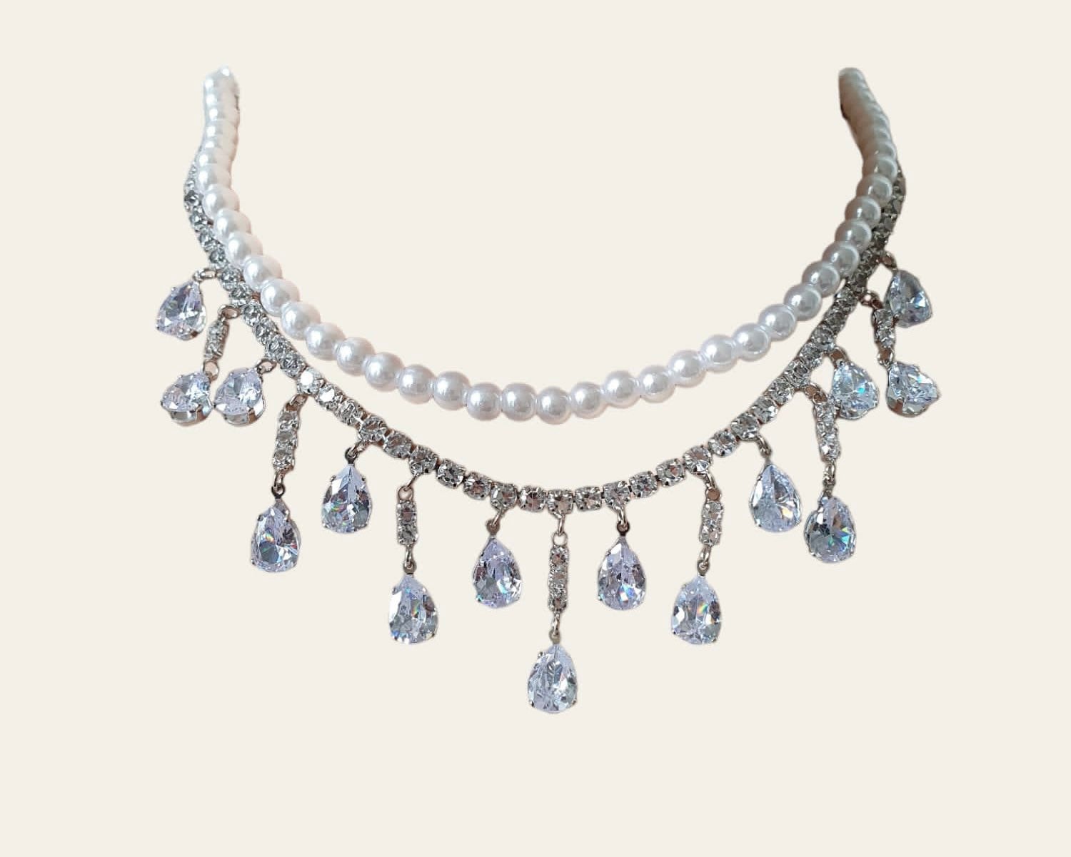 Silver Pearl Double Chain Swarovski Crystal Drop Choker Necklace