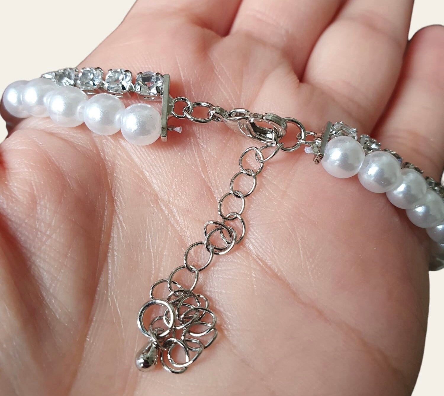 Silver Pearl Double Chain Swarovski Crystal Drop Choker Necklace