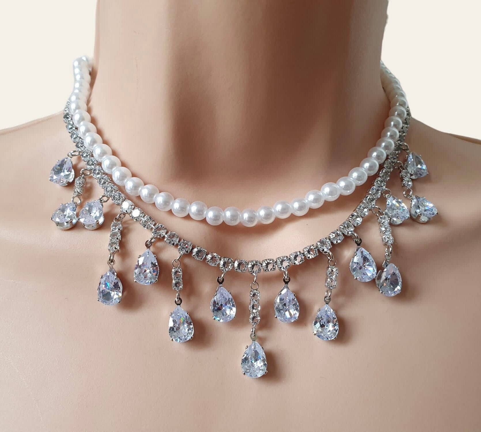 Silver Pearl Double Chain Swarovski Crystal Drop Choker Necklace