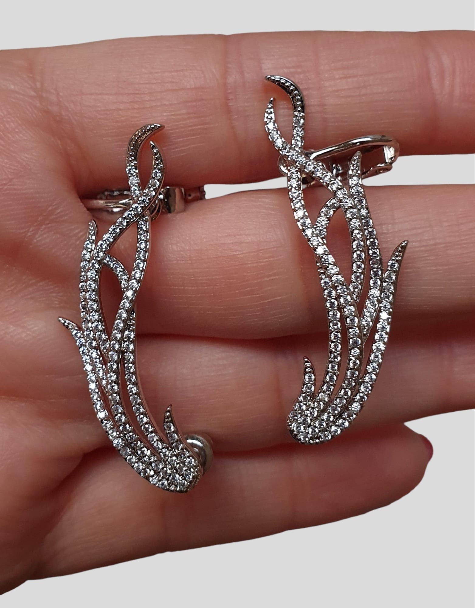 Large Leaf Silver Swarovski Crystal Feather Ear Cuff Earrings