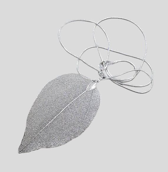 Silver Long Real Dipped Leaf Pendant and Necklace