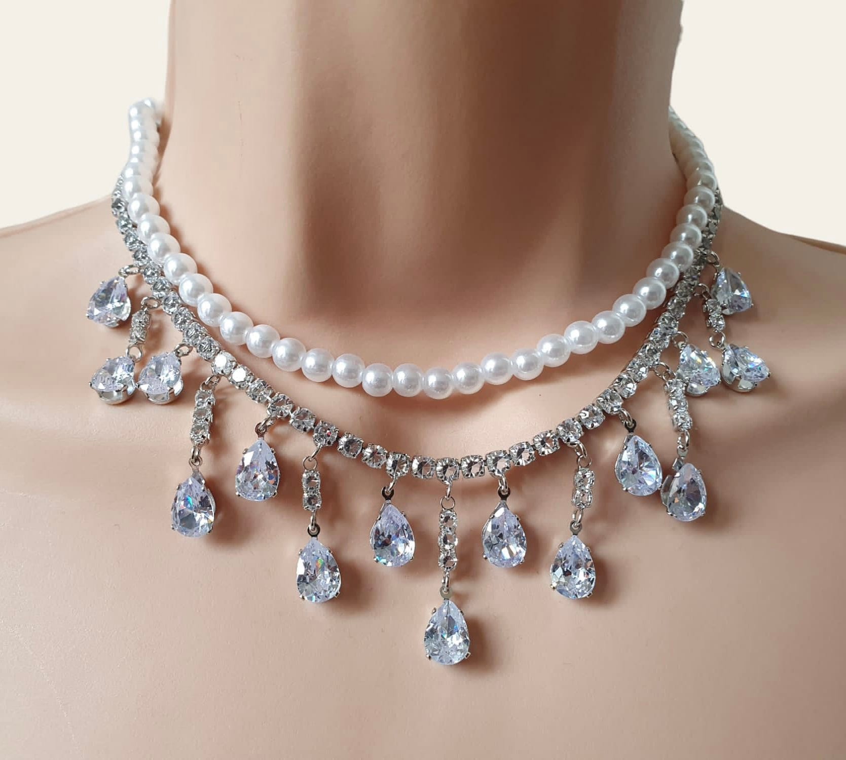 Silver Pearl Double Chain Swarovski Crystal Drop Choker Necklace
