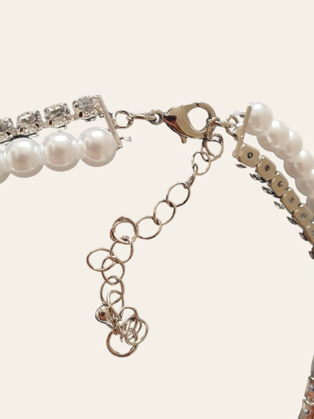 Silver Pearl Double Chain Swarovski Crystal Drop Choker Necklace