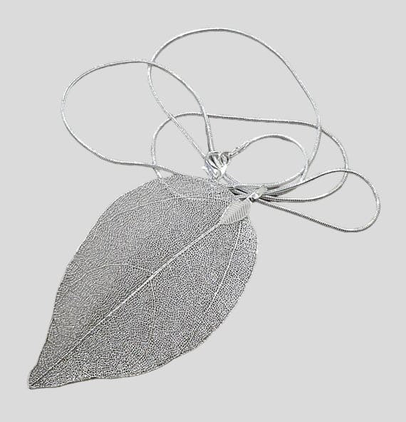 Silver Long Real Dipped Leaf Pendant and Necklace