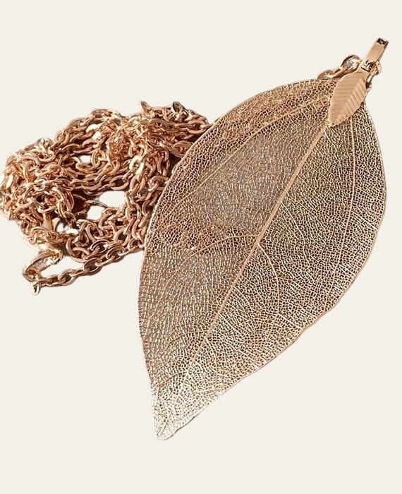 Rose Gold Long Real Dipped Leaf Skeleton Pendant and Necklace