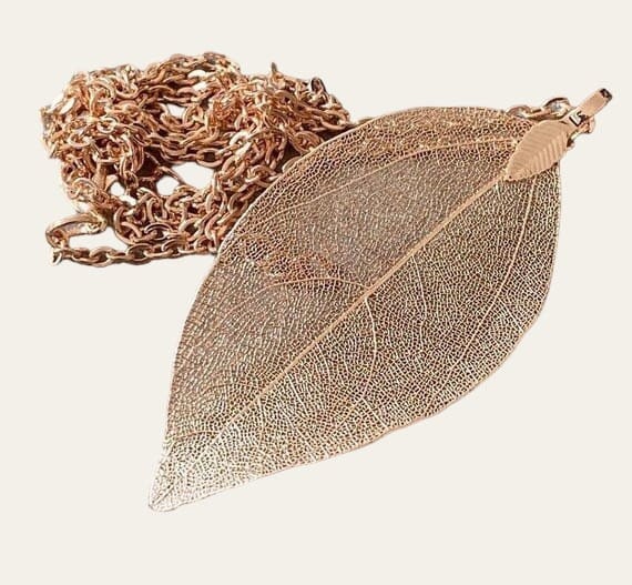 Rose Gold Long Real Dipped Leaf Skeleton Pendant and Necklace