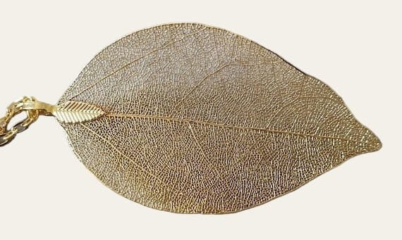 Dull Gold Long Skeleton Leaf Pendant and Necklace