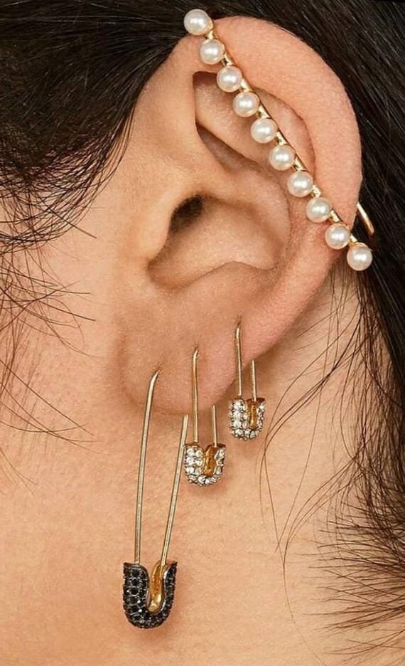 Gold Black Crystal Safety Pin Earrings