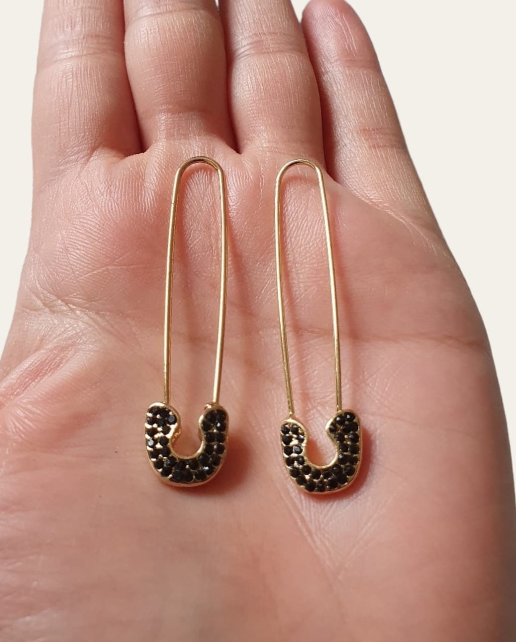 Gold Black Crystal Safety Pin Earrings