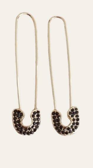 Gold Black Crystal Safety Pin Earrings