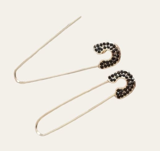 Gold Black Crystal Safety Pin Earrings