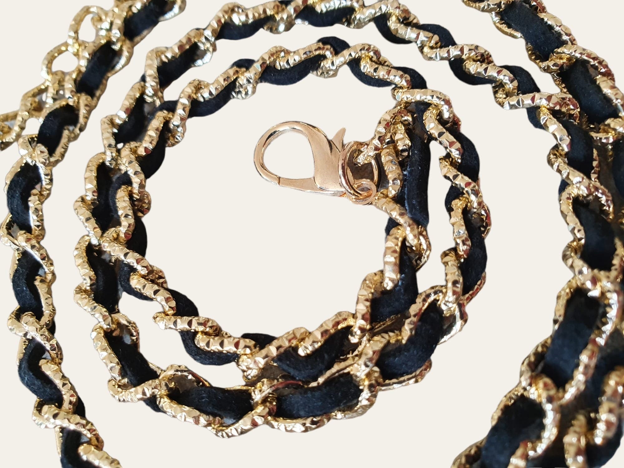 Gold black velvet skinny link chain with pearl embellishment belt