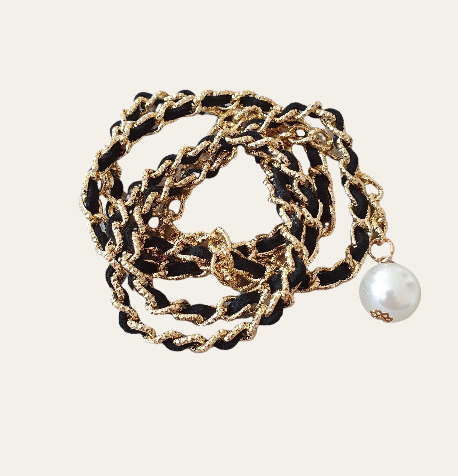 Gold black velvet skinny link chain with pearl embellishment belt