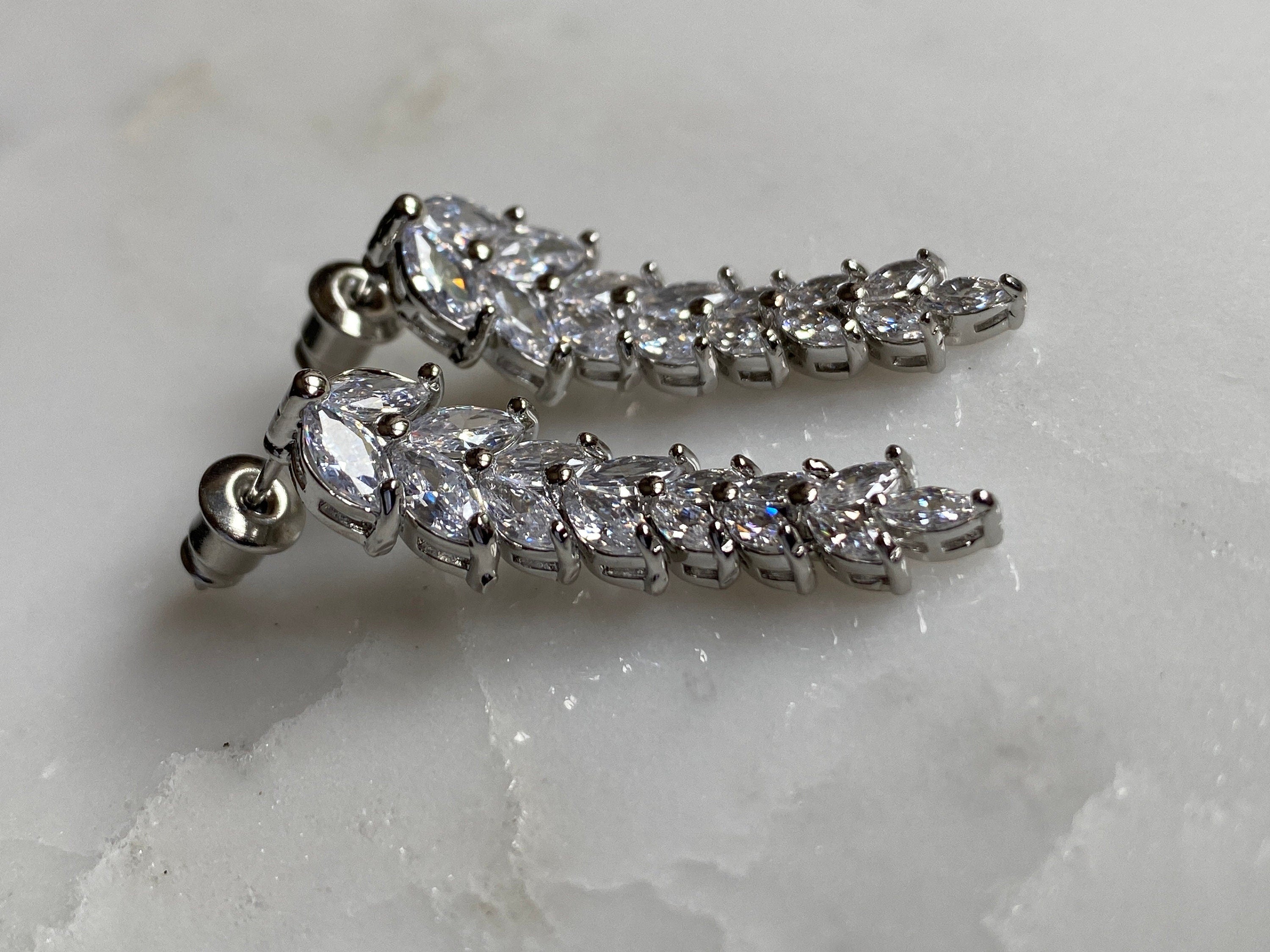 Silver Swarovski Crystal Floral Leaf Dangle Drop Earrings