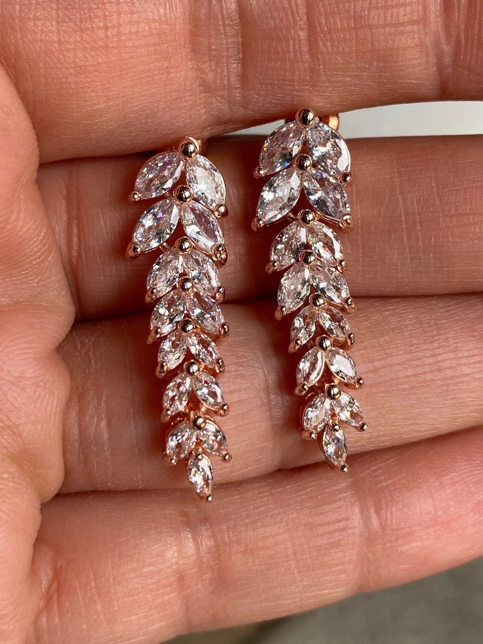 Rose Gold Swarovski Crystal Long Leaf Drop Earrings