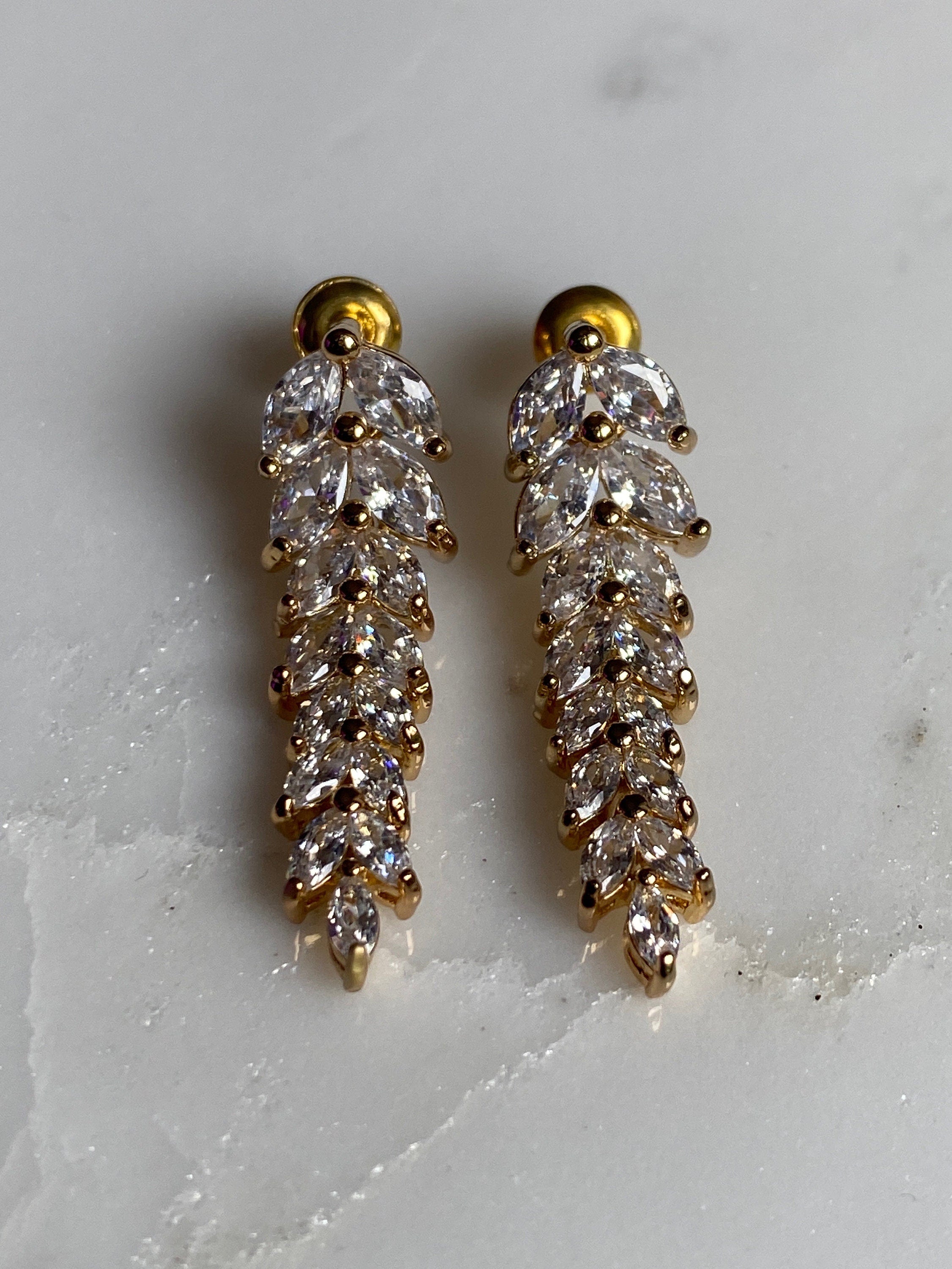 Gold Swarovski Crystal Floral Leaf Dangle Drop Earrings