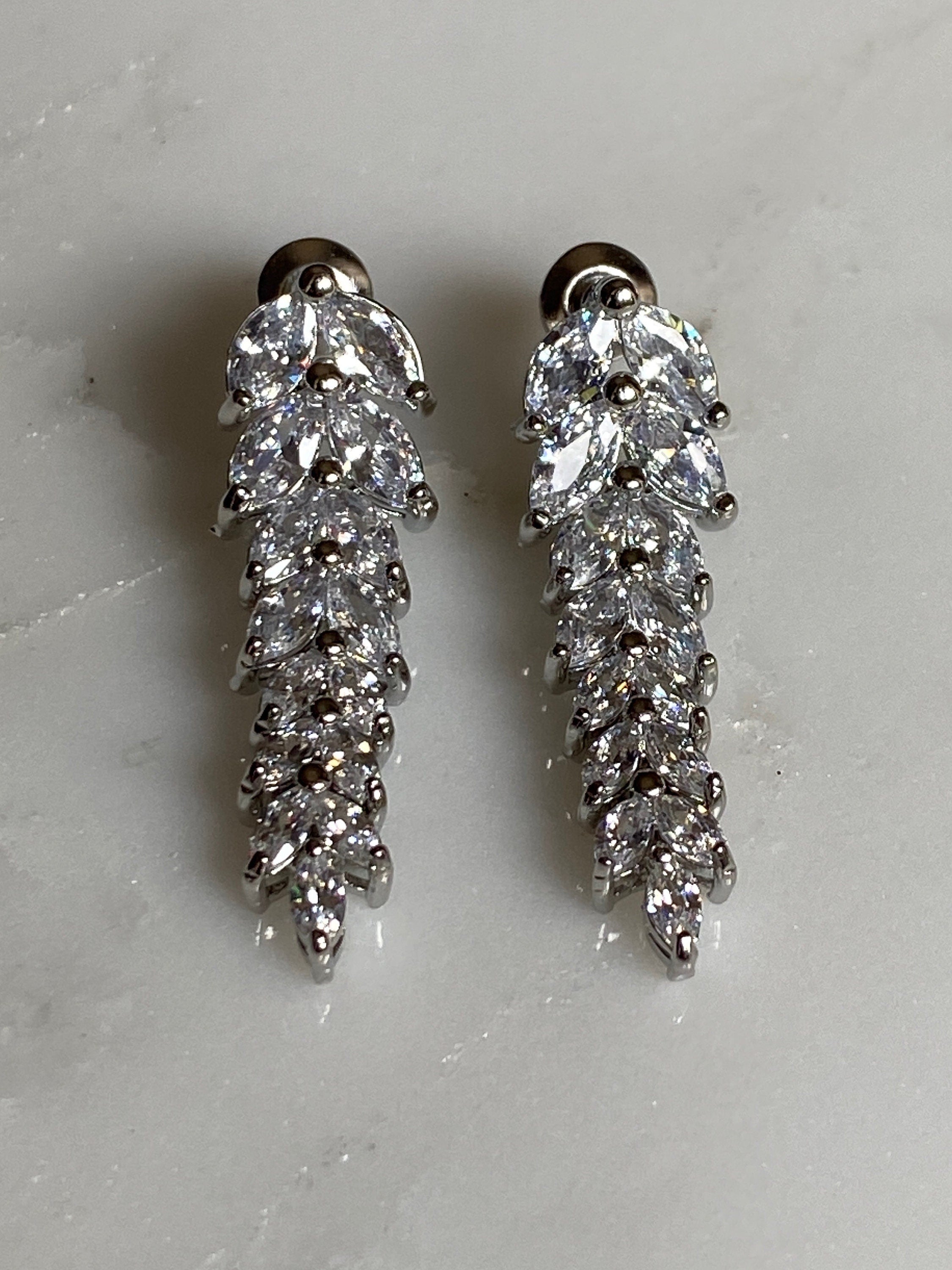 Silver Swarovski Crystal Floral Leaf Dangle Drop Earrings