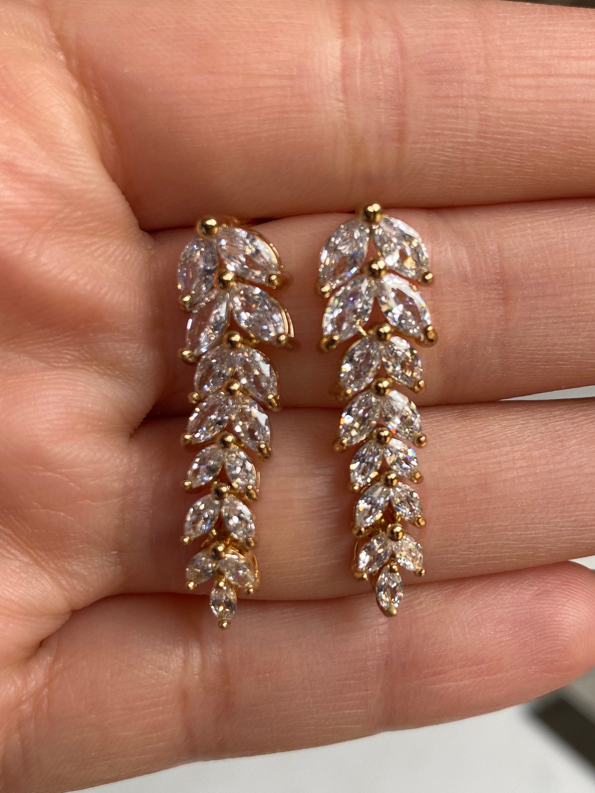 Gold Swarovski Crystal Floral Leaf Dangle Drop Earrings