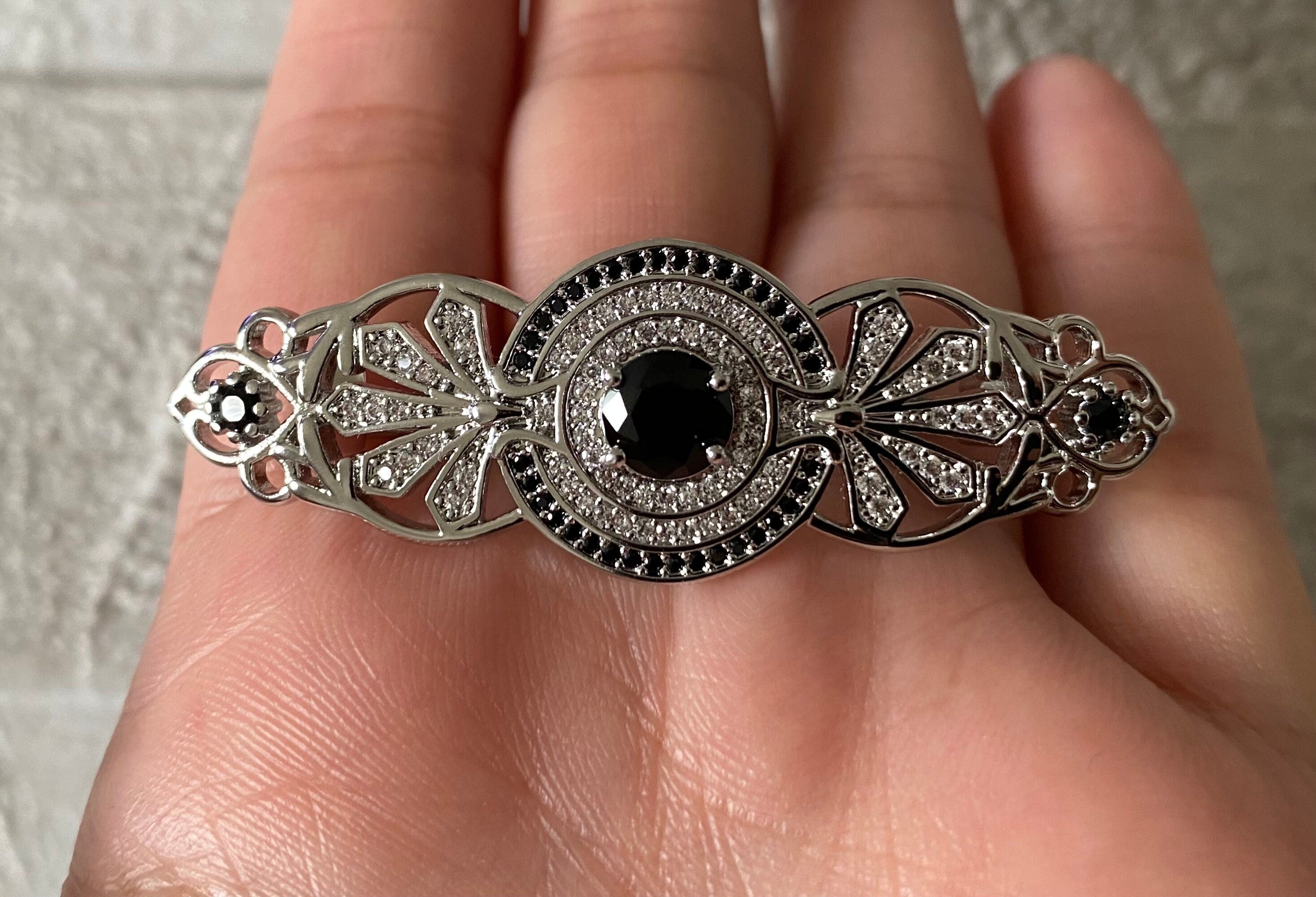 Silver Black Long Swarovski Crystal Coat Brooch Pin