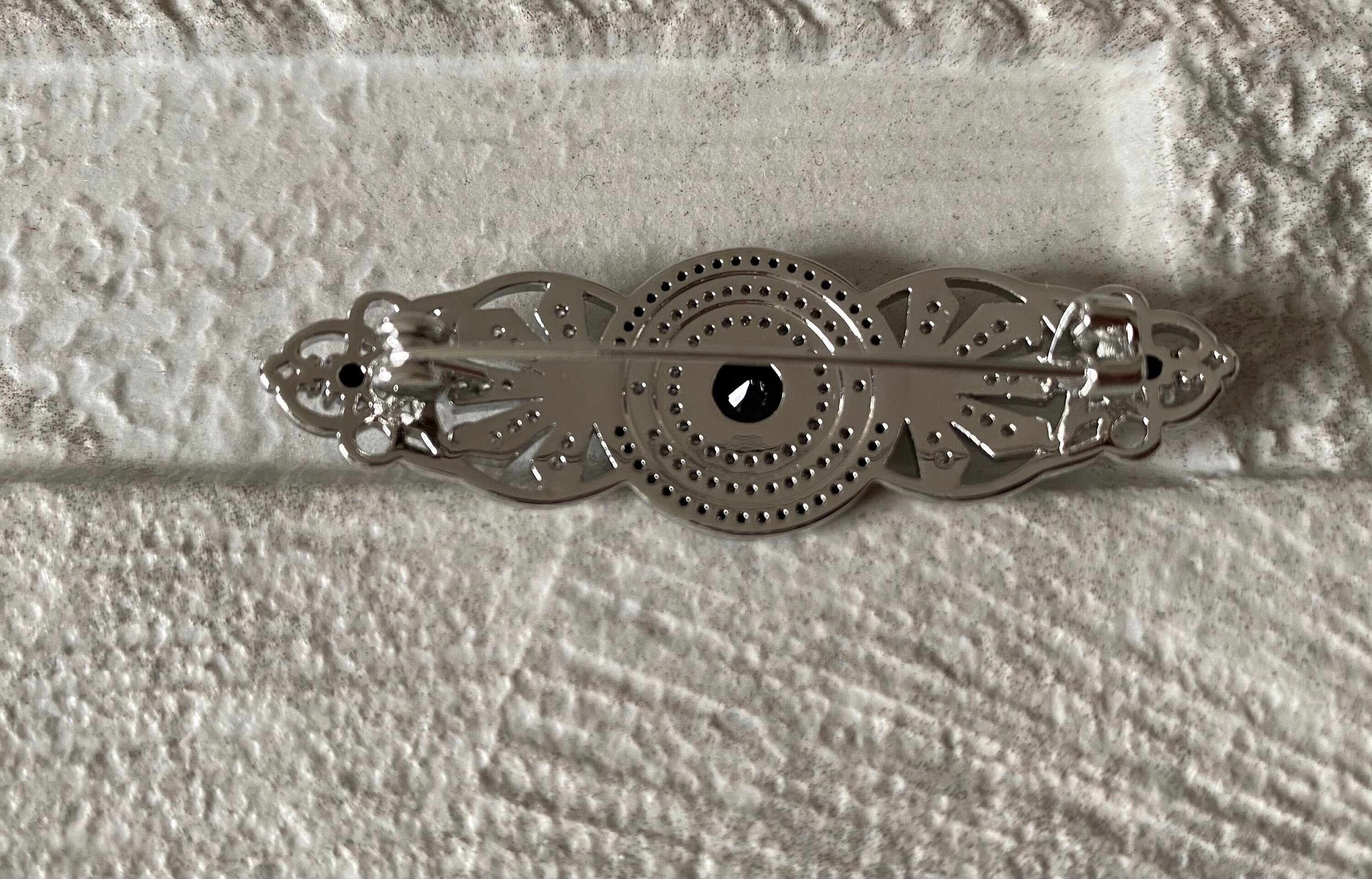 Silver Black Long Swarovski Crystal Coat Brooch Pin