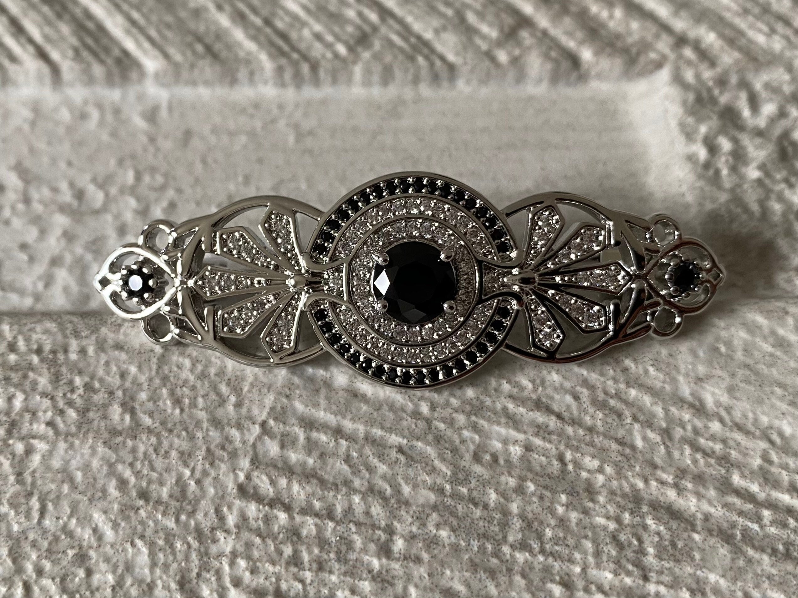 Silver Black Long Swarovski Crystal Coat Brooch Pin