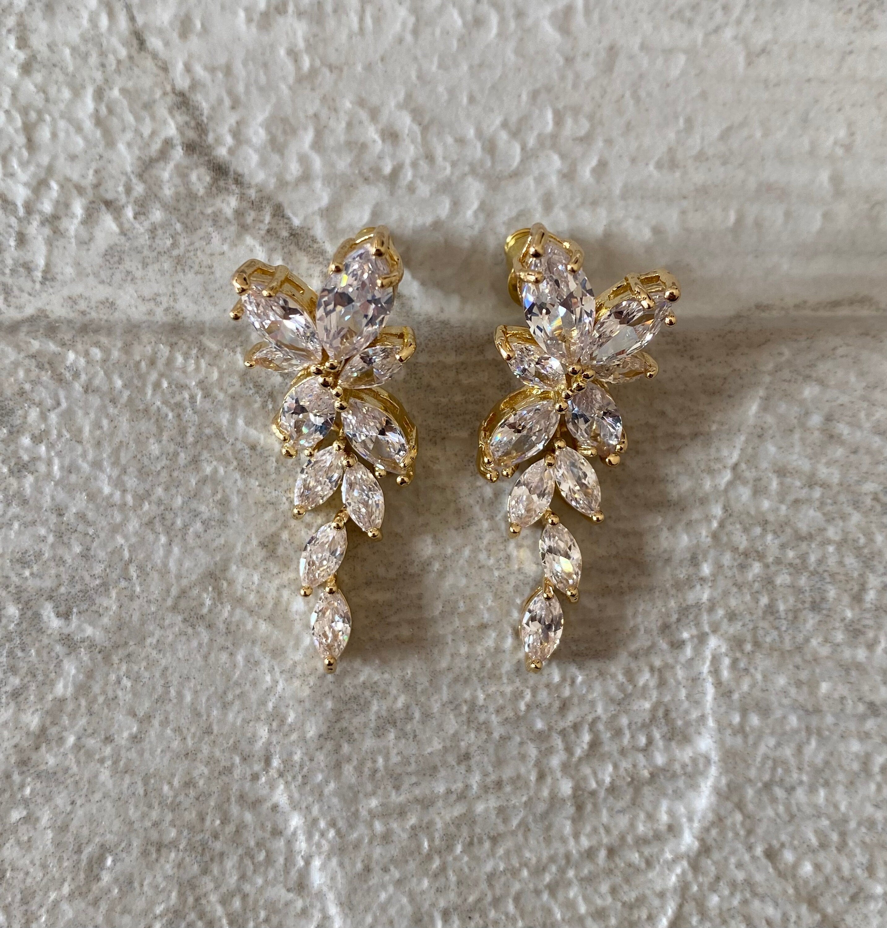 Gold Dangle Flower Leaf Swarovski Crystal Drop Earrings