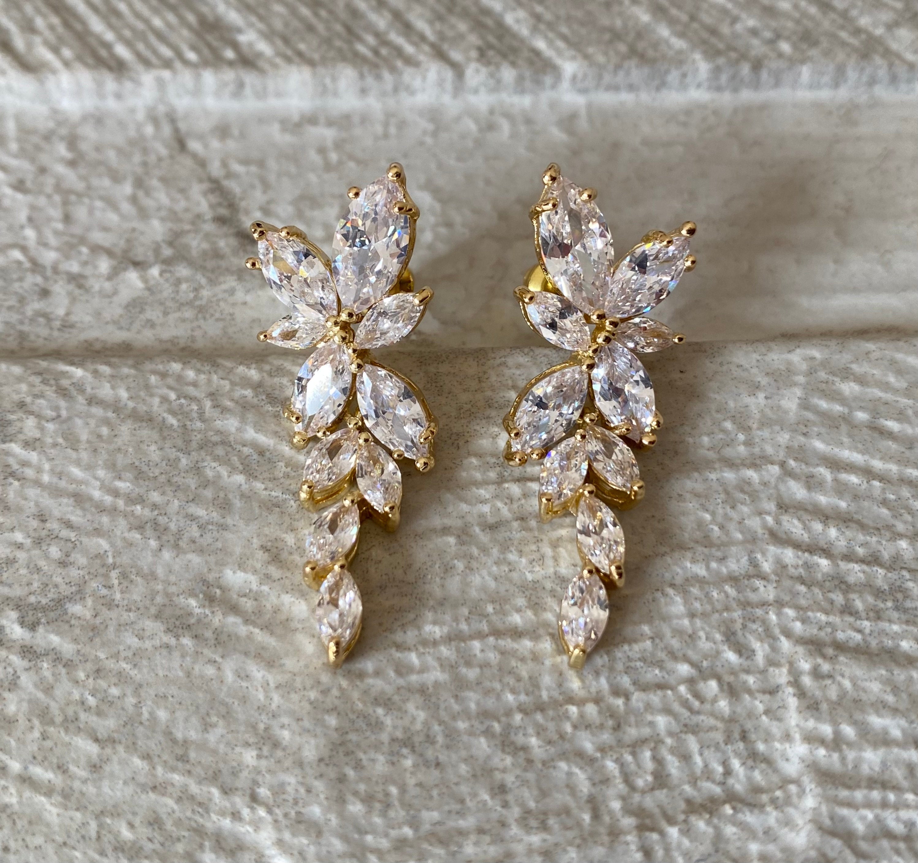 Gold Dangle Flower Leaf Swarovski Crystal Drop Earrings