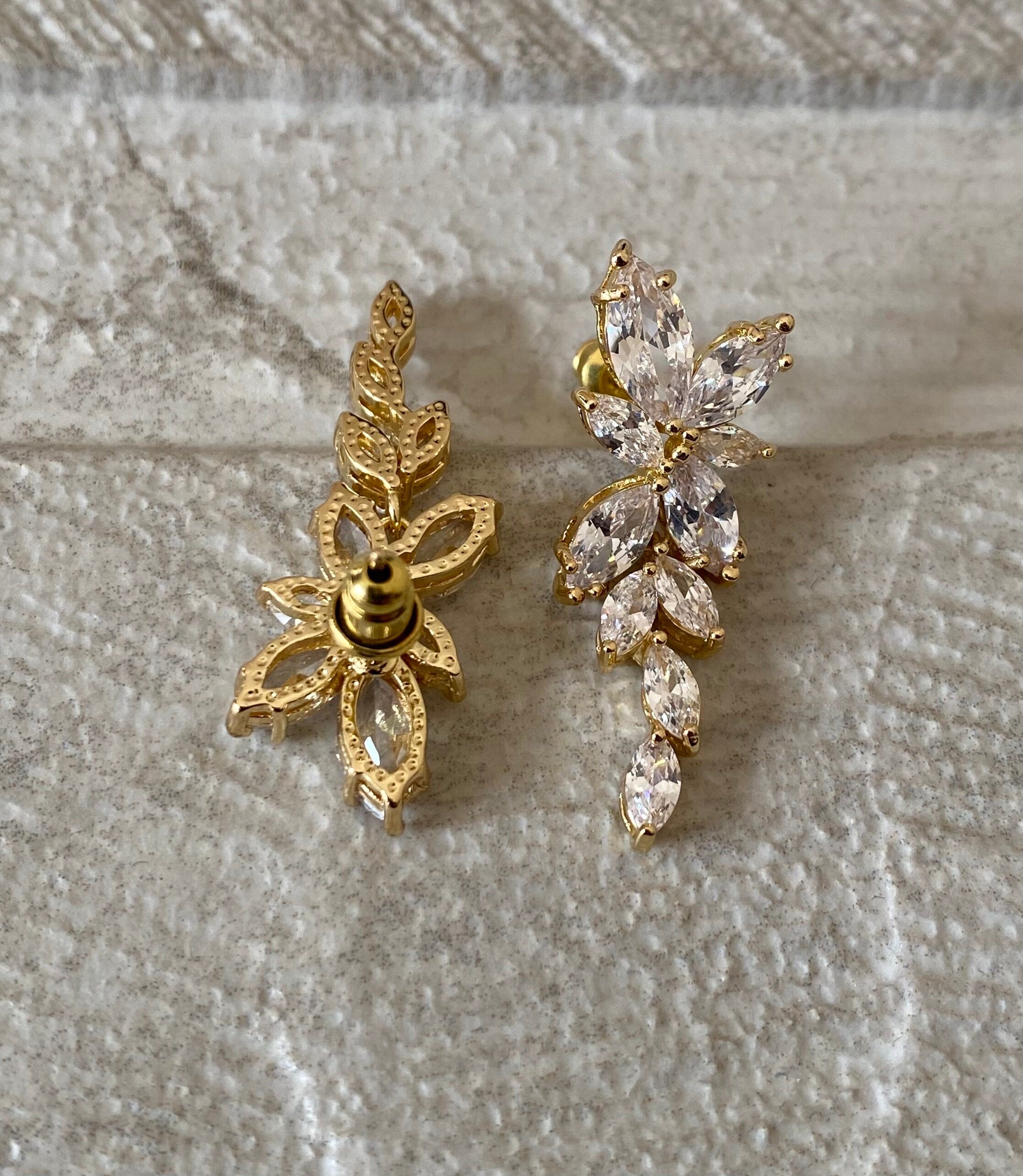 Gold Dangle Flower Leaf Swarovski Crystal Drop Earrings