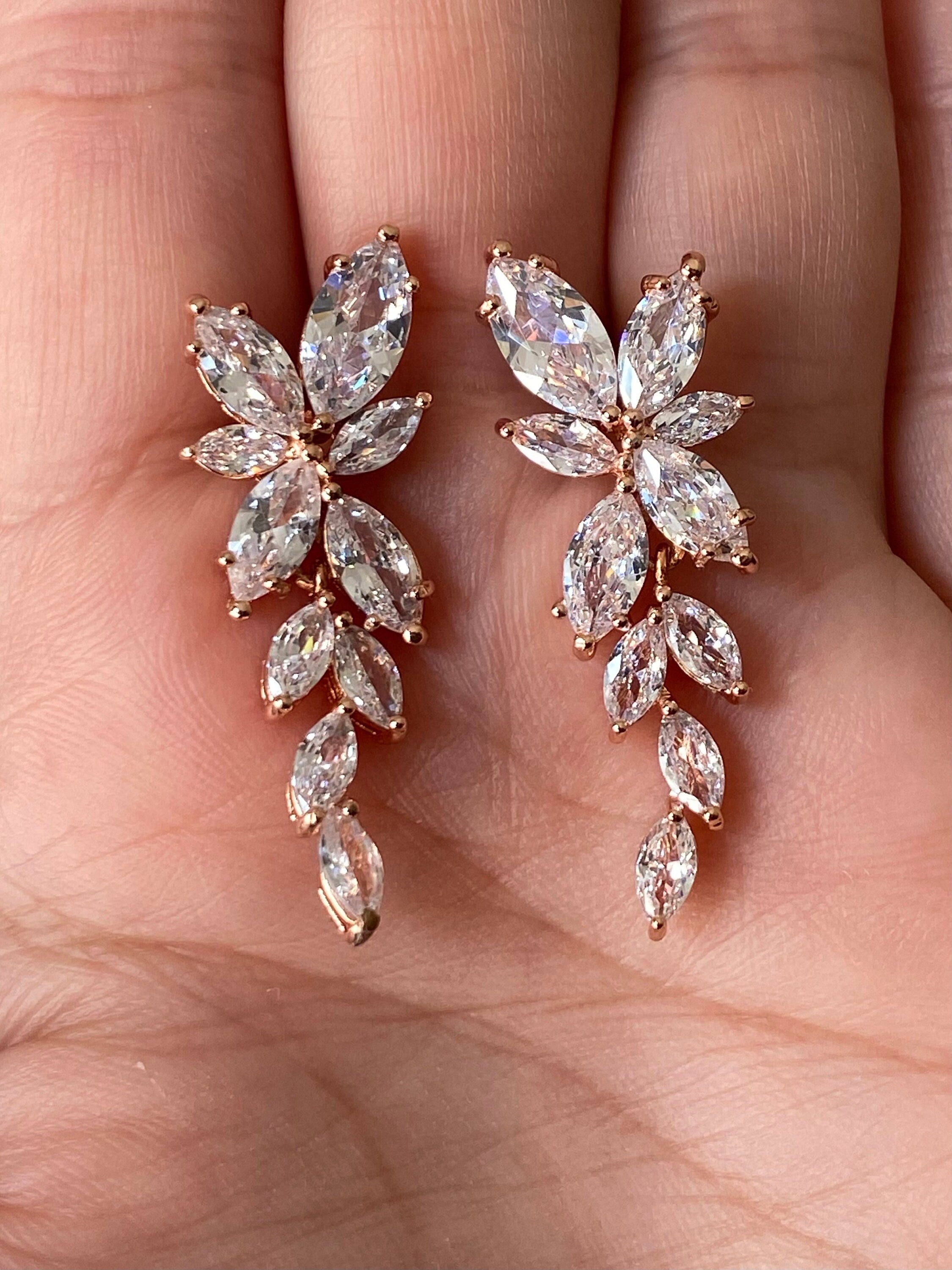 Rose Gold Swarovski Crystal Flower Leaf Long Drop Earrings
