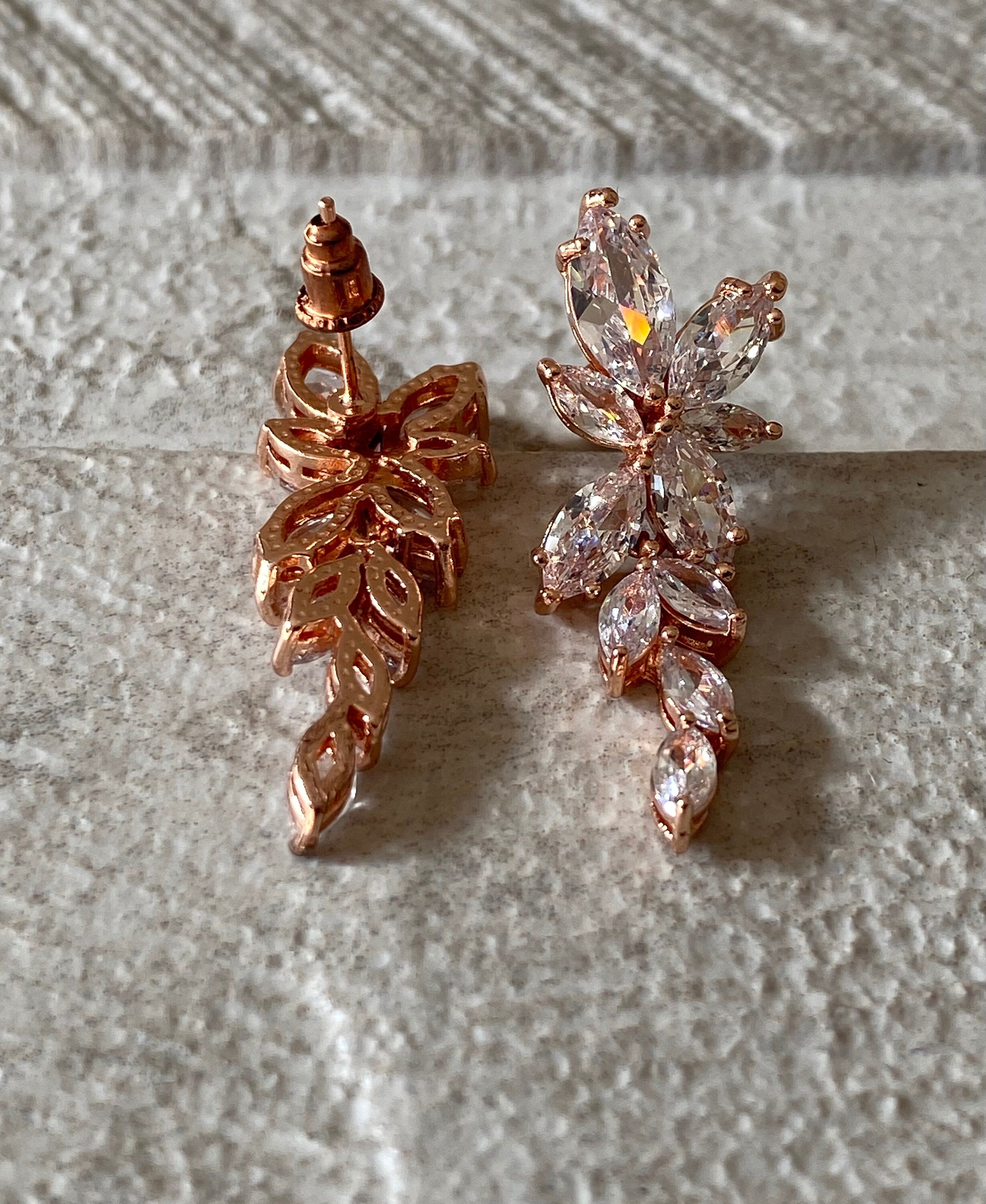 Rose Gold Swarovski Crystal Flower Leaf Long Drop Earrings