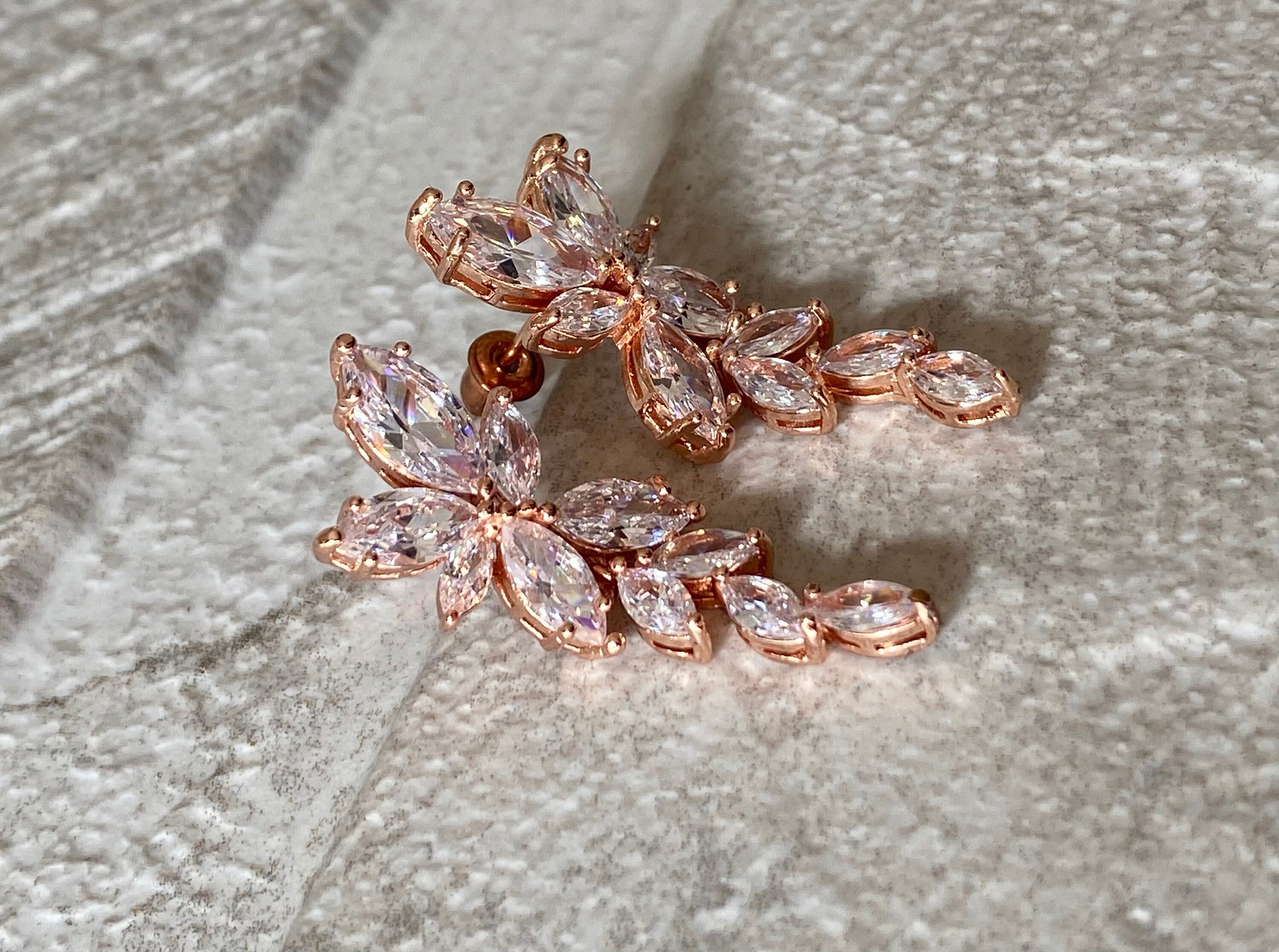 Rose Gold Swarovski Crystal Flower Leaf Long Drop Earrings