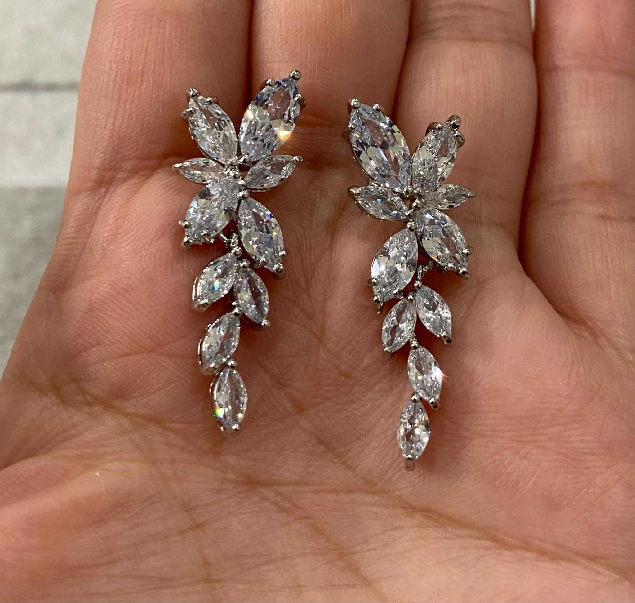 Silver Swarovski Crystal Flower Leaf Long Drop Earrings
