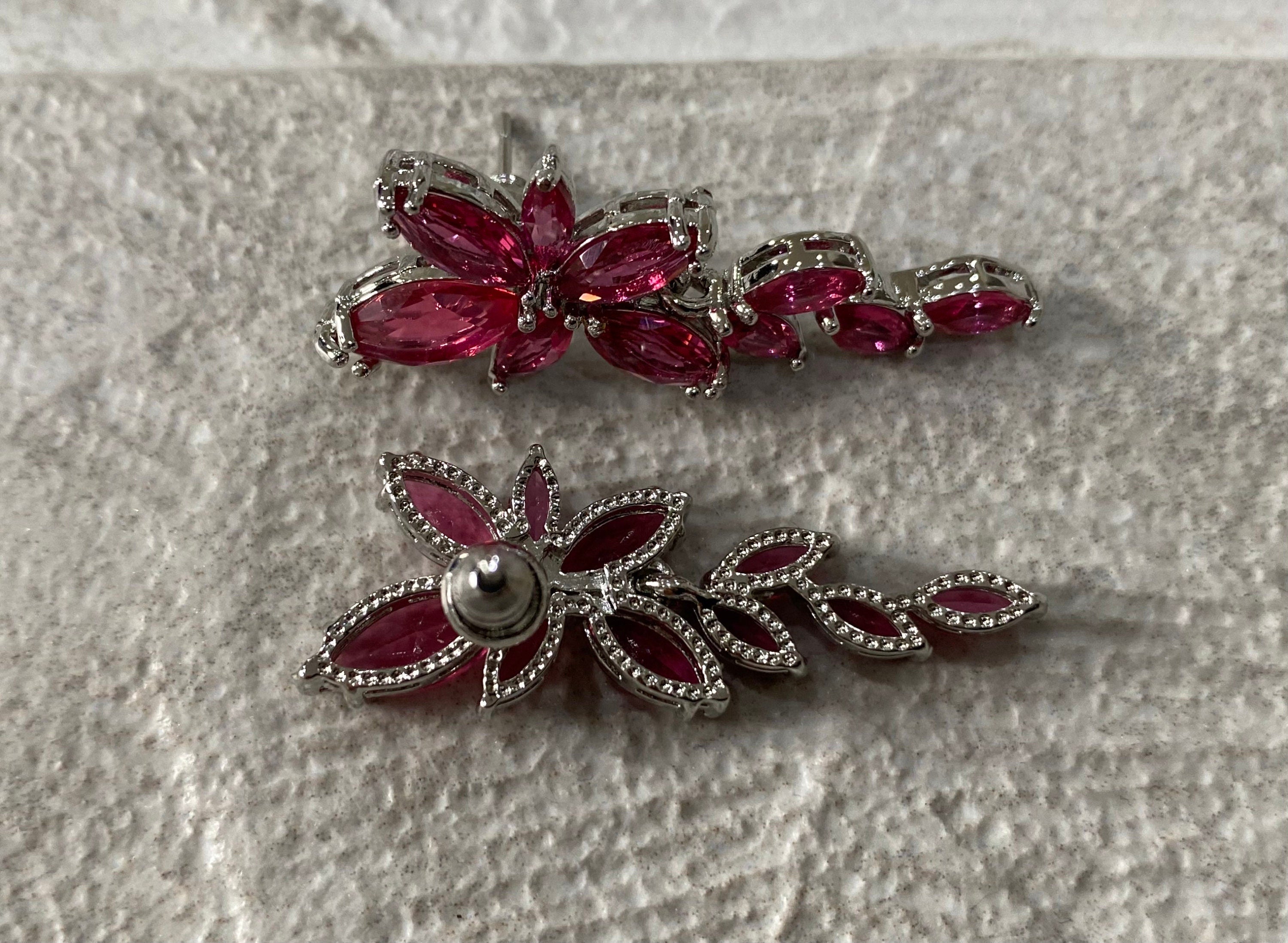 Silver Pink Swarovski Crystal Long Flower Leaf Crystal Drop Earrings