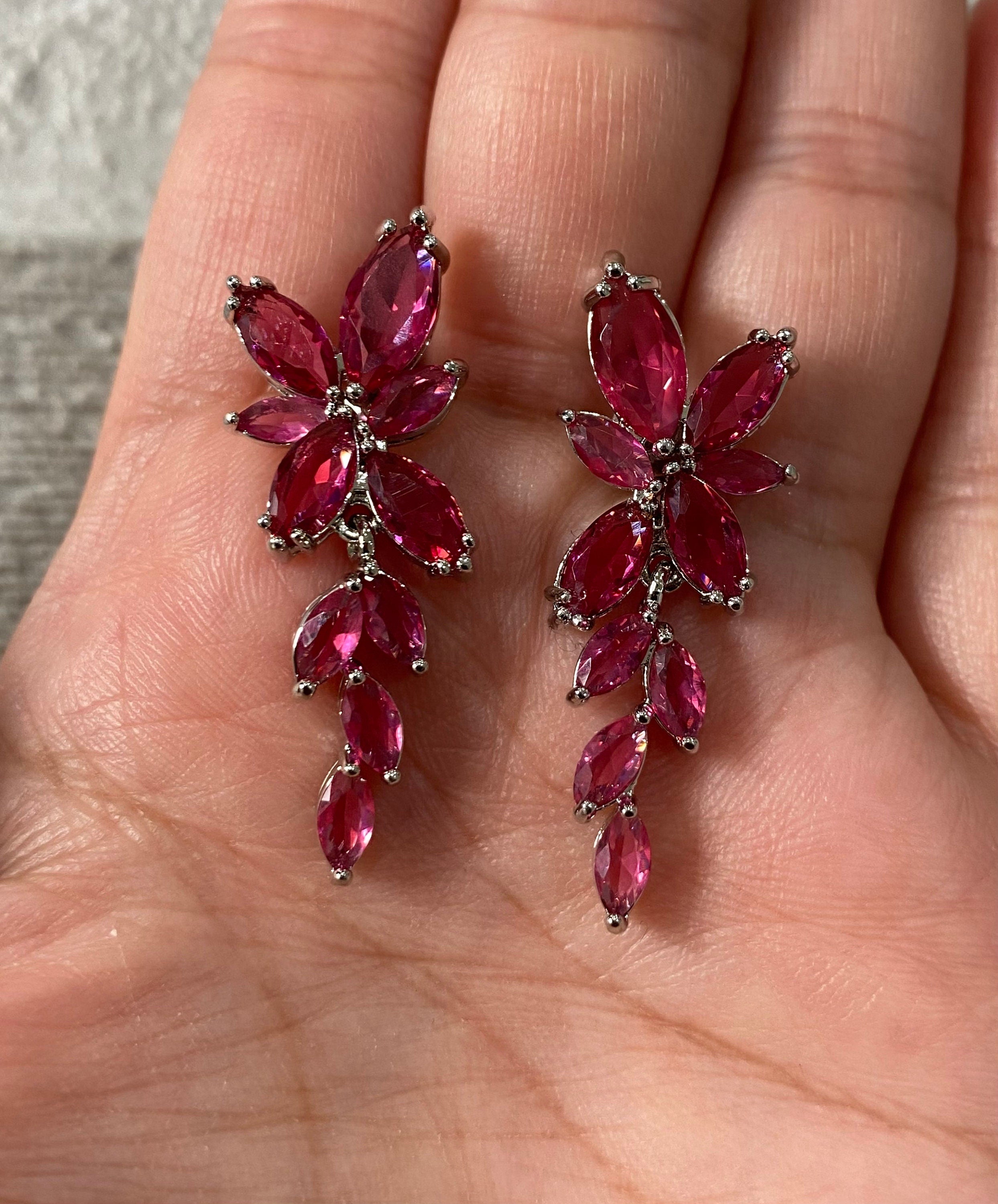 Silver Pink Swarovski Crystal Long Flower Leaf Crystal Drop Earrings