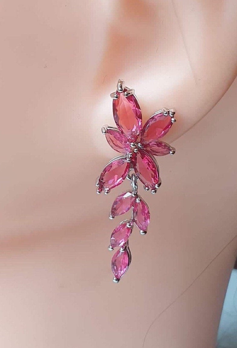 Silver Pink Swarovski Crystal Long Flower Leaf Crystal Drop Earrings