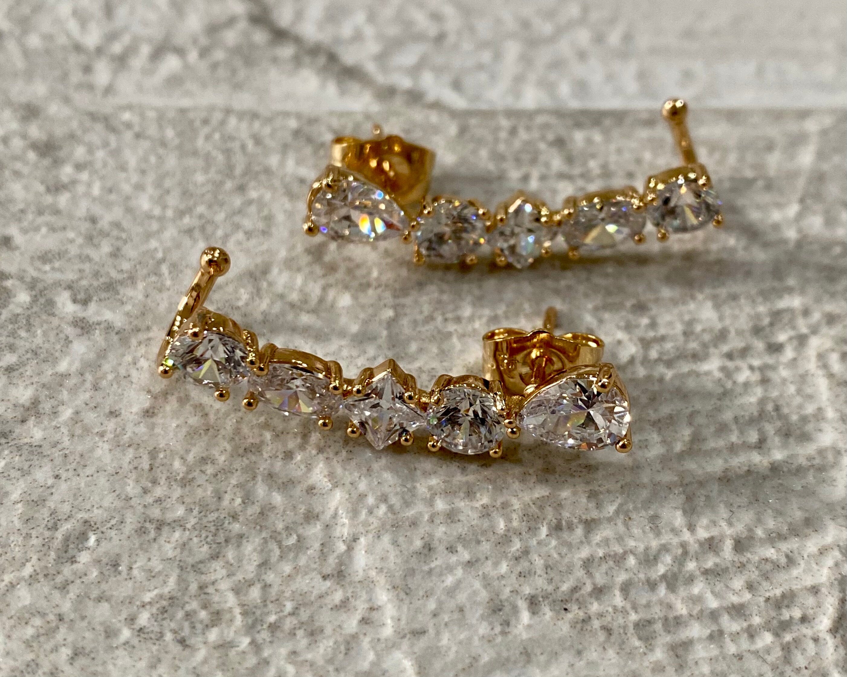 Gold Swarovski Crystal Water Drop Ear Climber Earrings