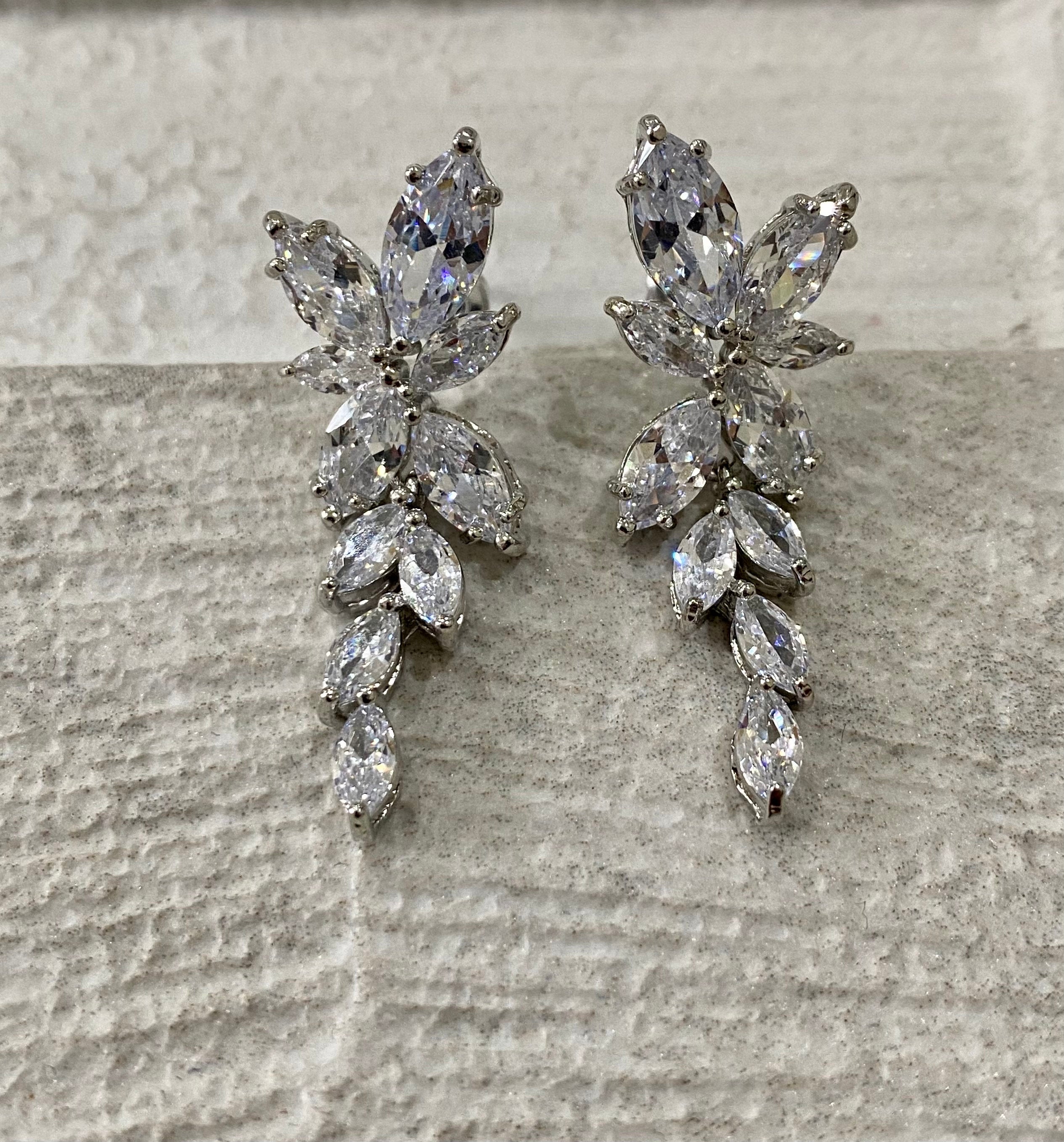 Silver Swarovski Crystal Flower Leaf Long Drop Earrings