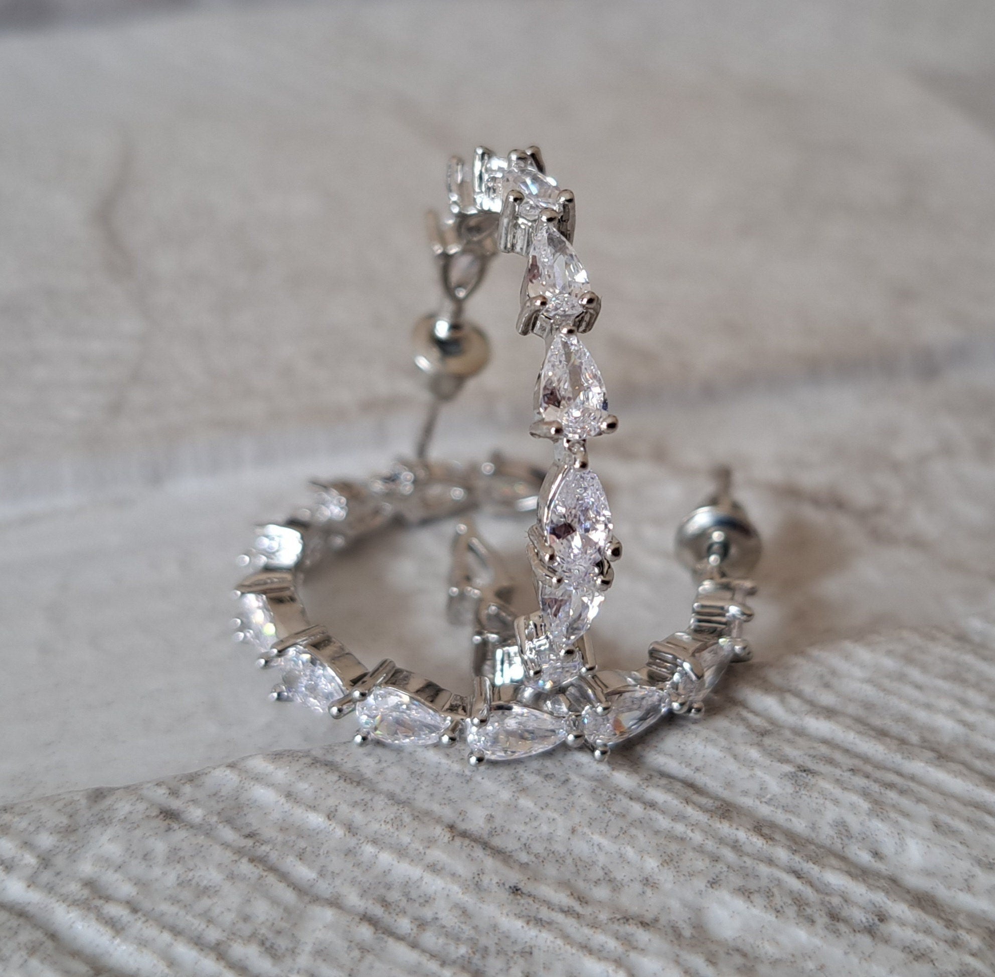 Large Silver Swarovski Crystal Leaf Drop Hoop Earrings