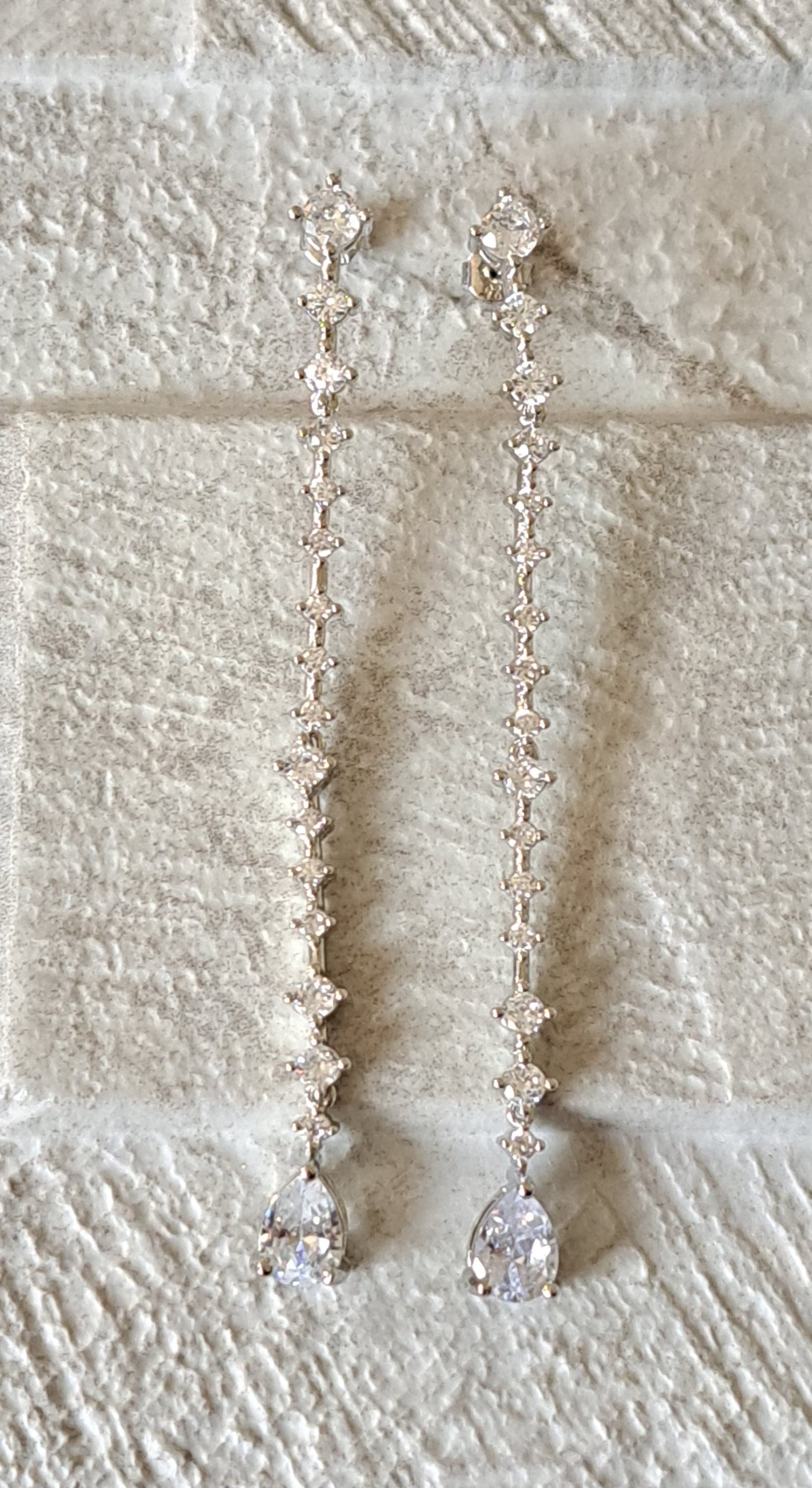 Silver Long Swarovski Crystal Water Drop Earrings