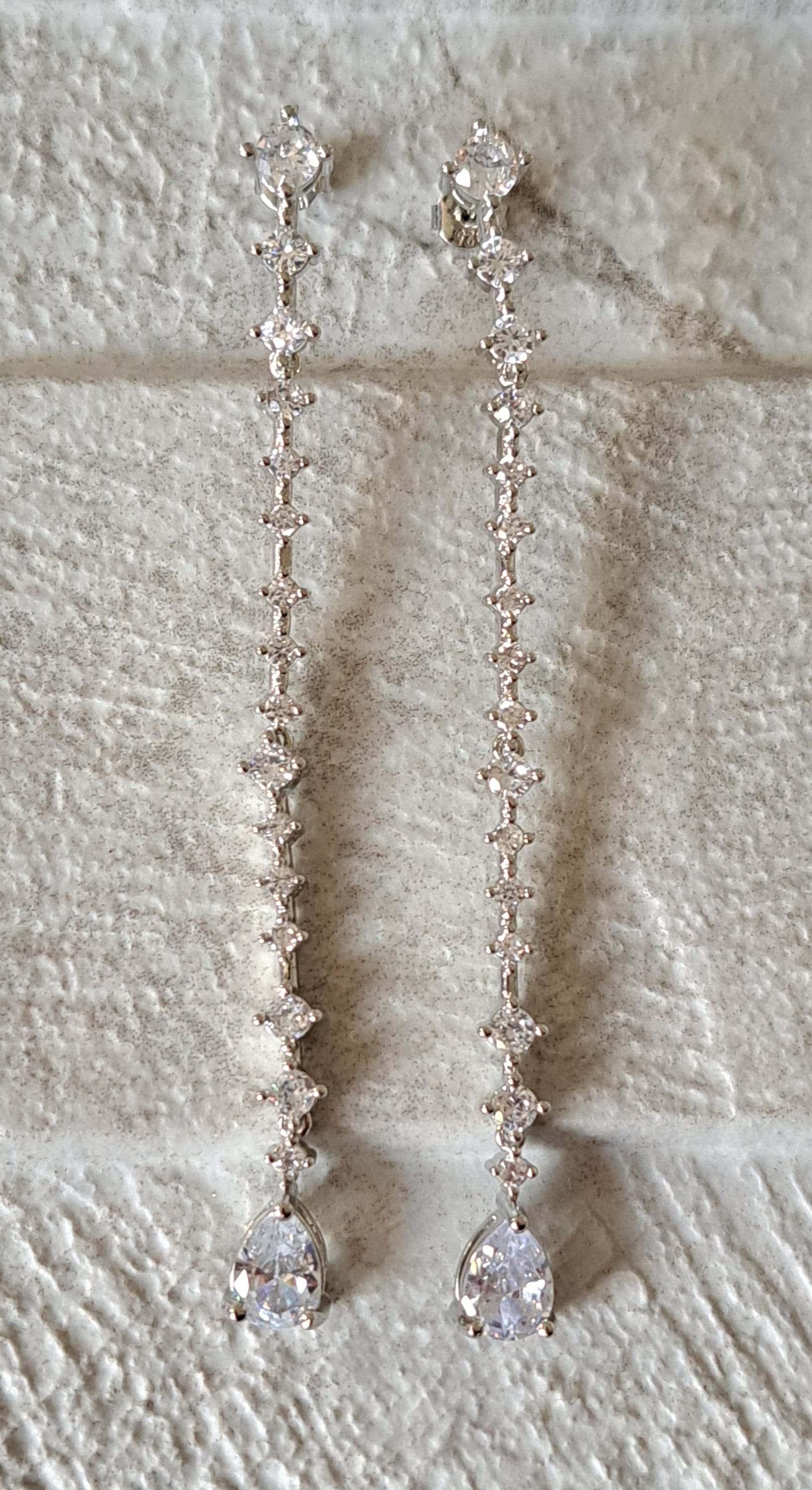 Silver Long Swarovski Crystal Water Drop Earrings