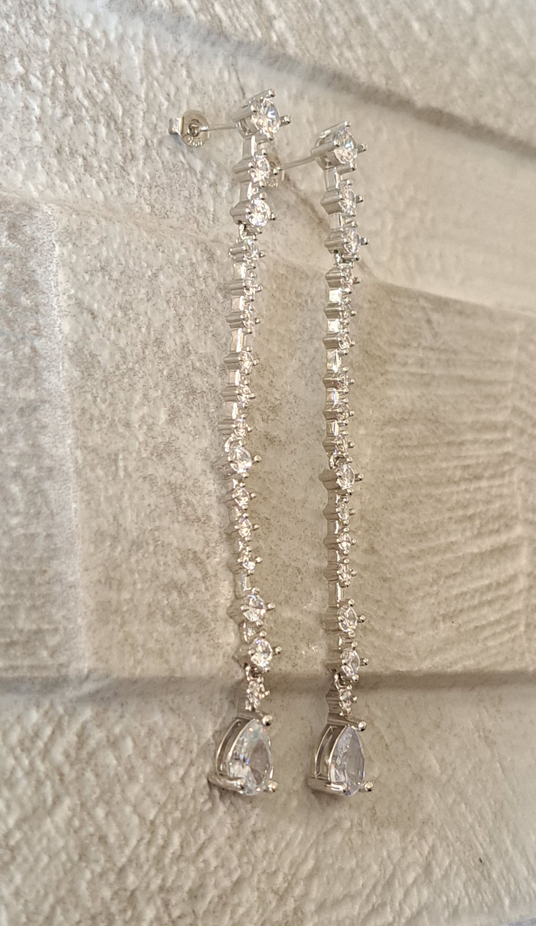 Silver Long Swarovski Crystal Water Drop Earrings