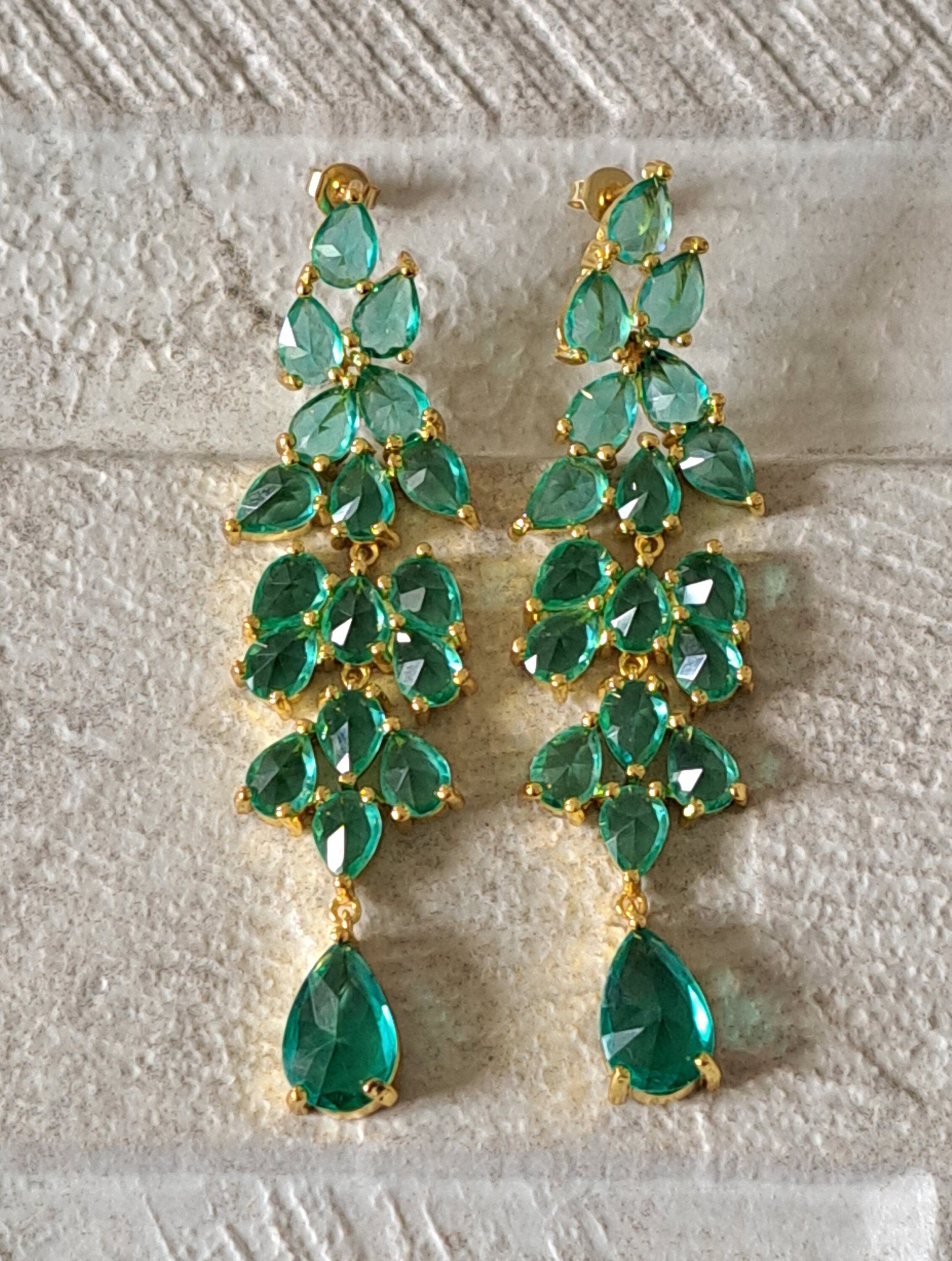 Gold Green Water Drop Long Swarovski Crystal Chandelier Earrings