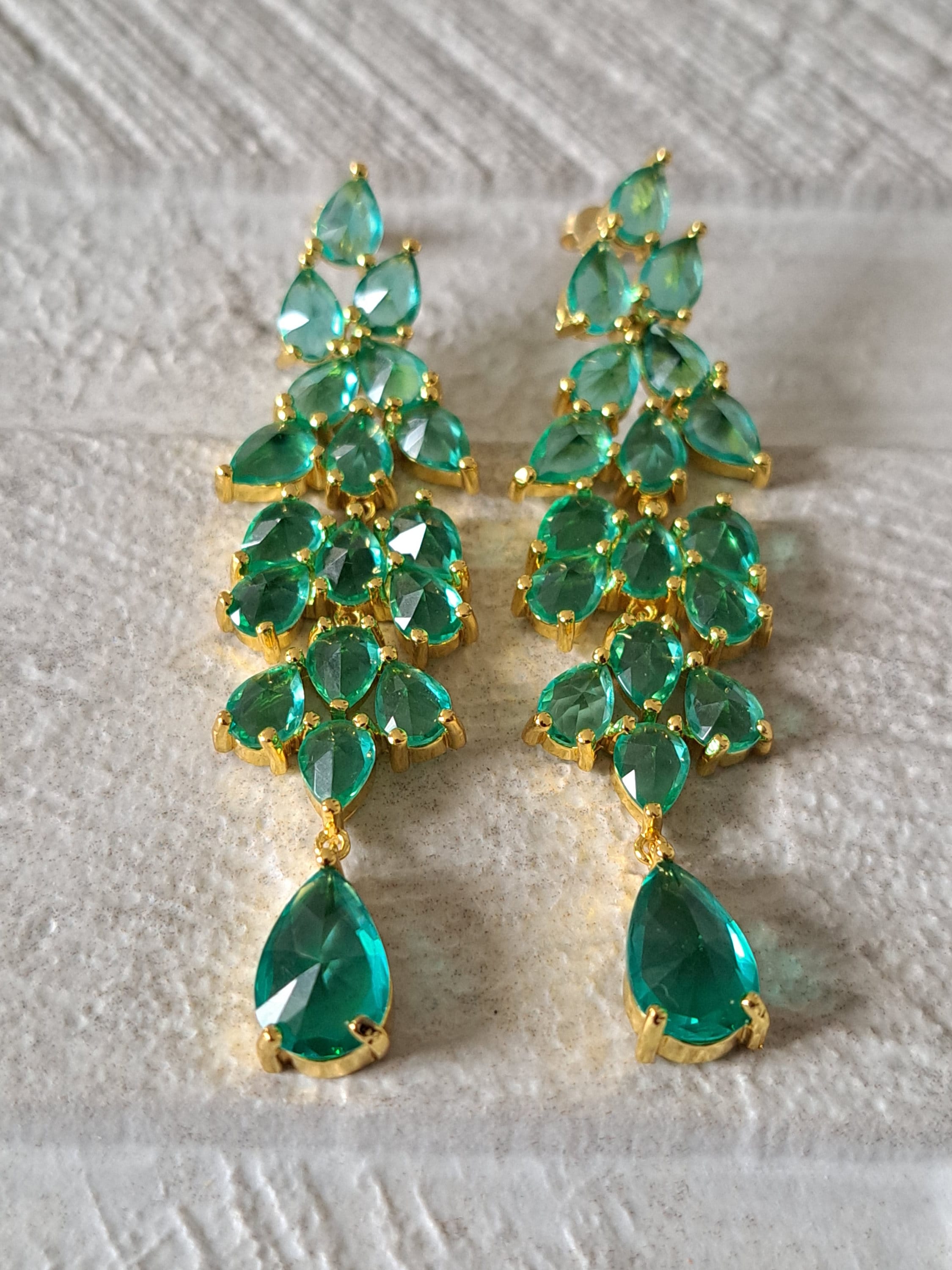 Gold Green Water Drop Long Swarovski Crystal Chandelier Earrings
