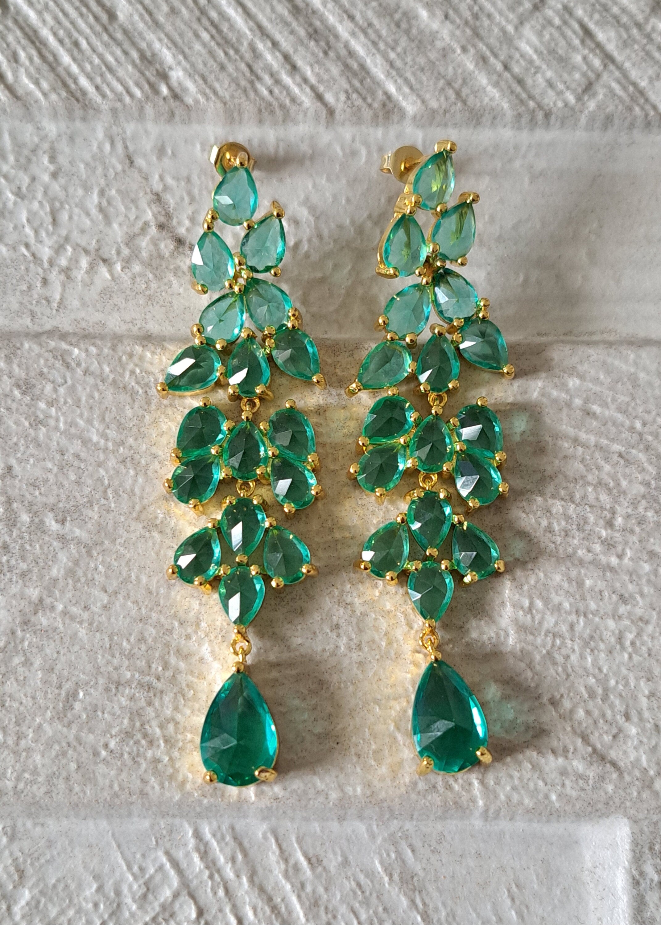 Gold Green Water Drop Long Swarovski Crystal Chandelier Earrings