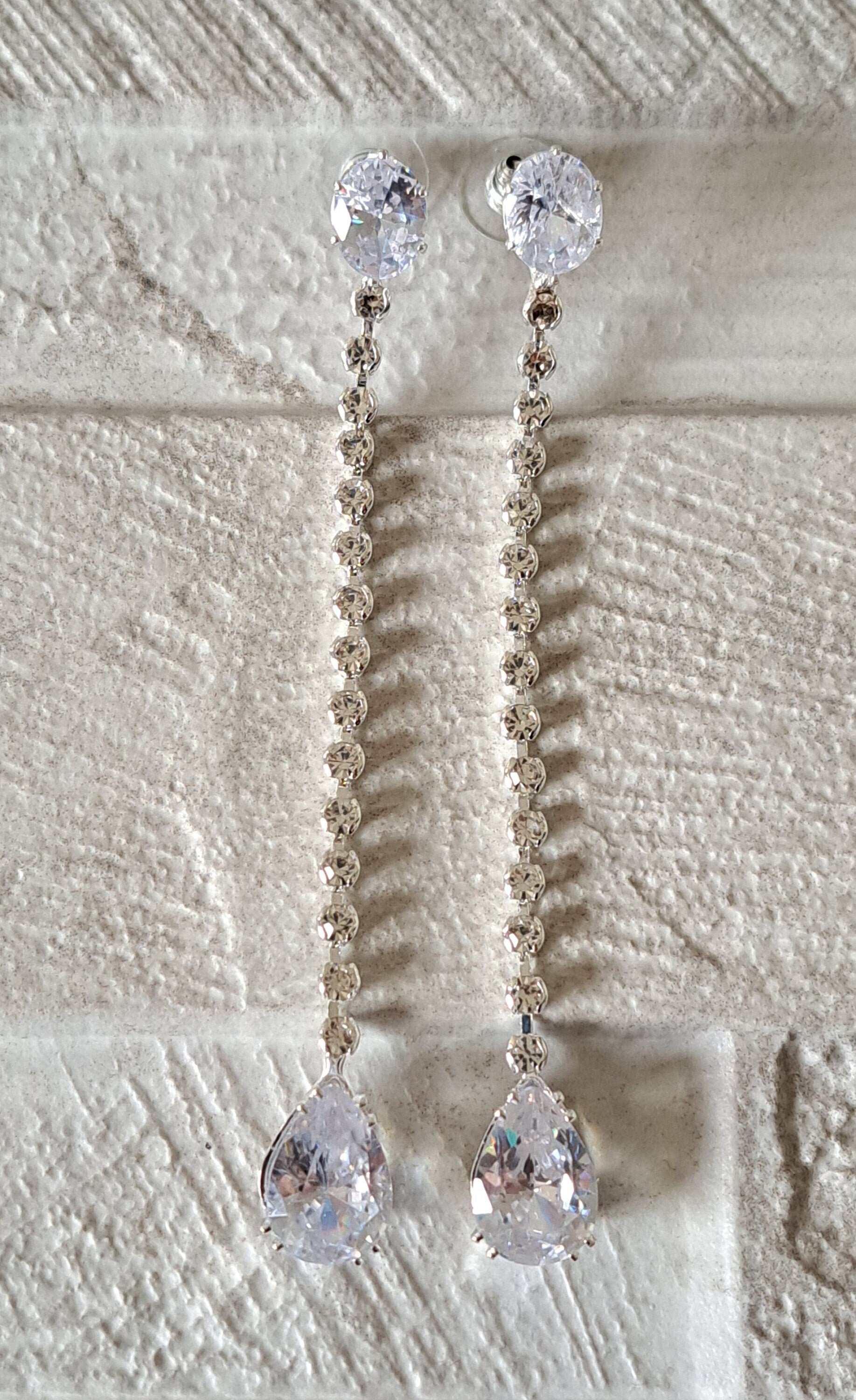 Silver Long Water Drop Swarovski Crystal Earrings