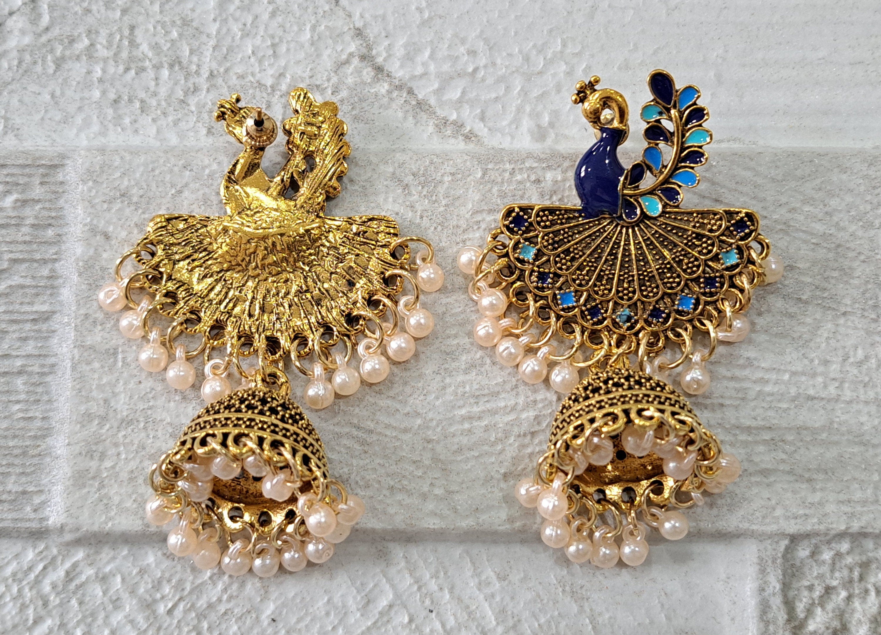 Gold Blue Long Chandelier Peacock Earrings