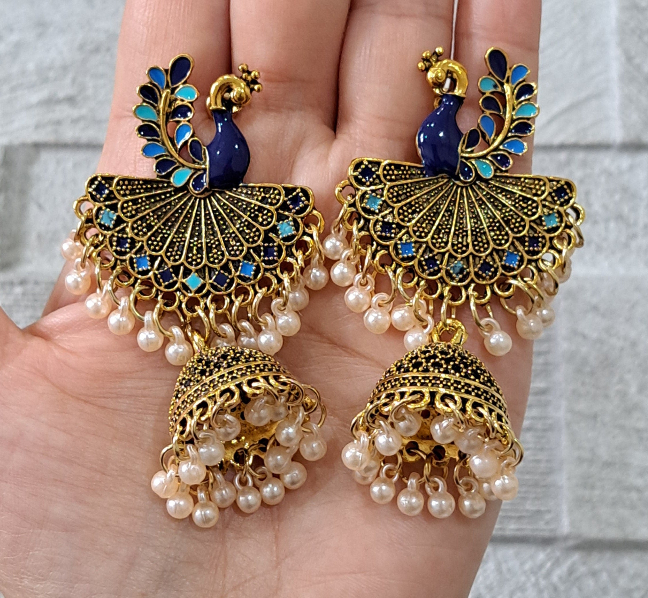 Gold Blue Long Chandelier Peacock Earrings