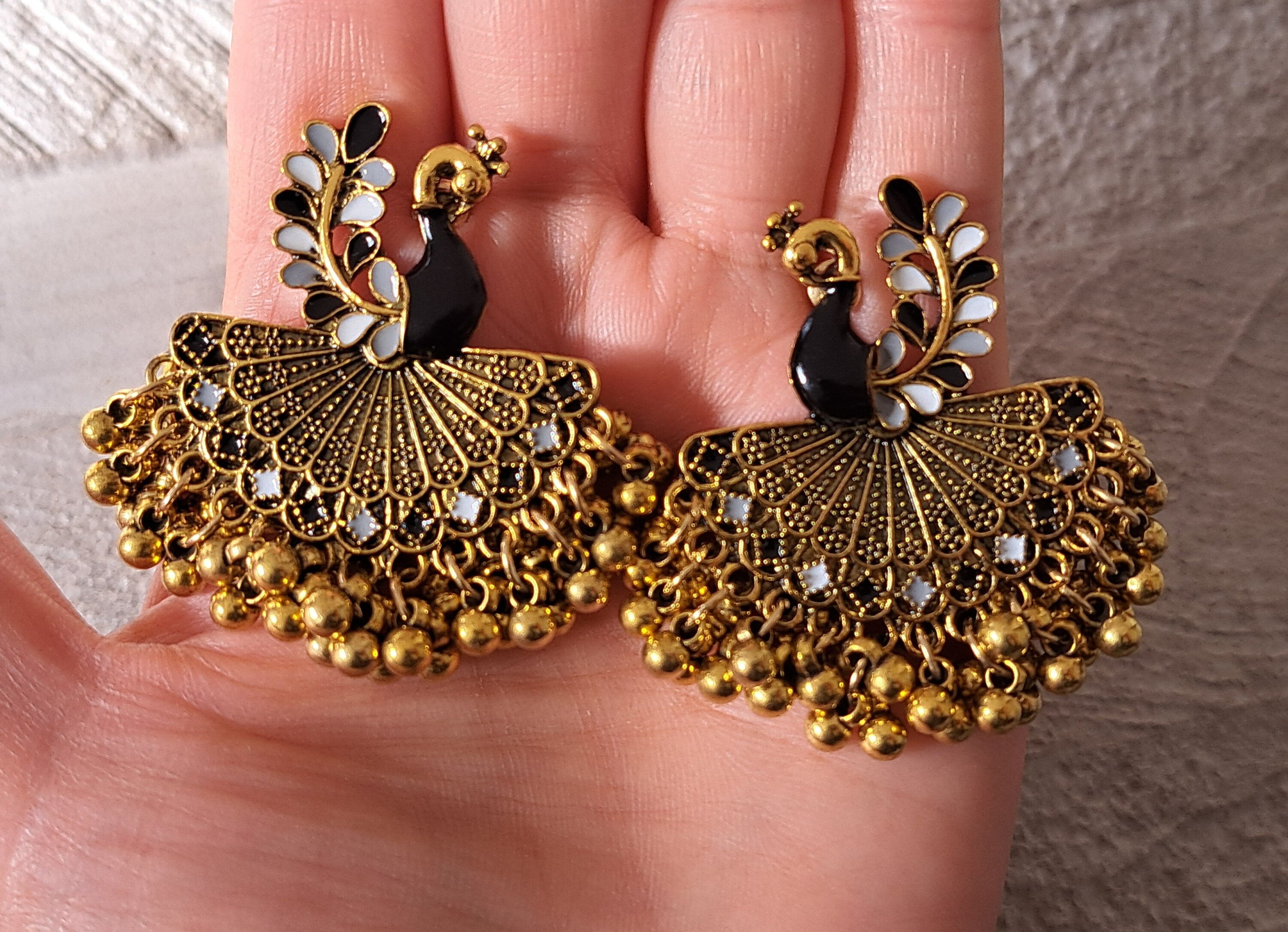 Gold Black Large Peacock Chandelier Jhumka Earrings