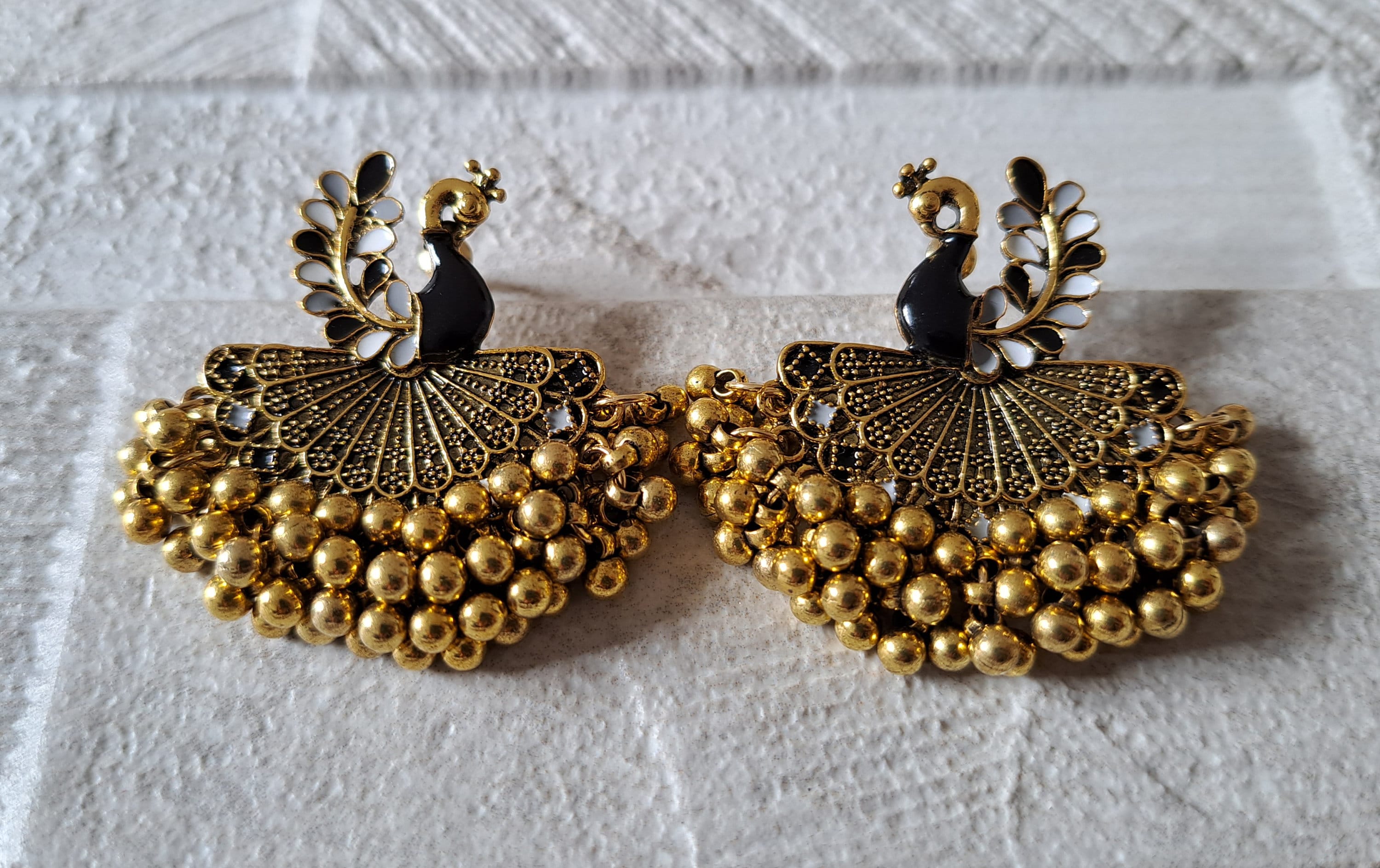 Gold Black Large Peacock Chandelier Jhumka Earrings